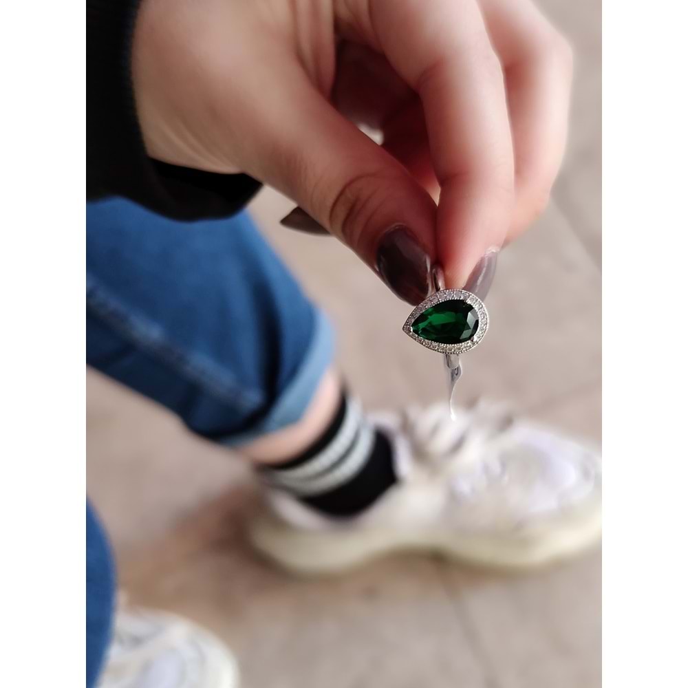 YEŞİL ZİRKON TAŞLI DAMLA GÜMÜŞ YÜZÜK-15 NUMARA