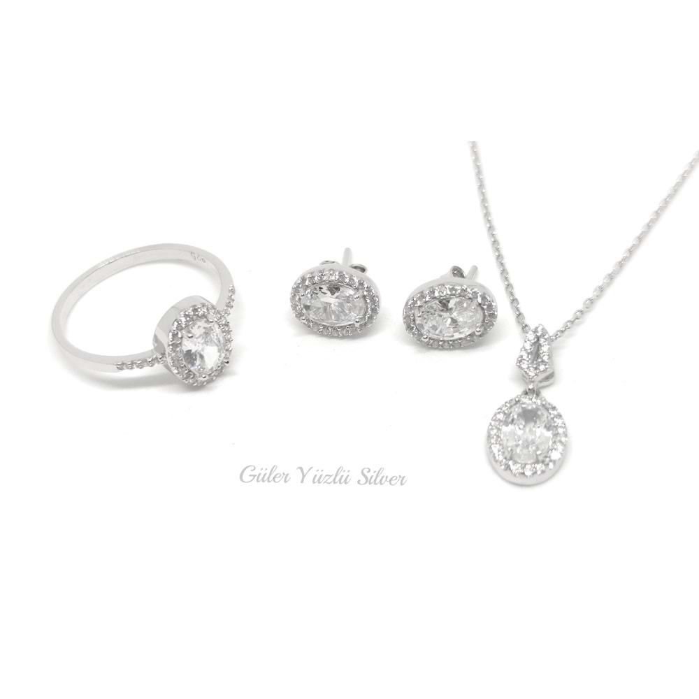 ZİRKON TAŞLI OVAL ÜÇLÜ GÜMÜŞ SET - 18 numara