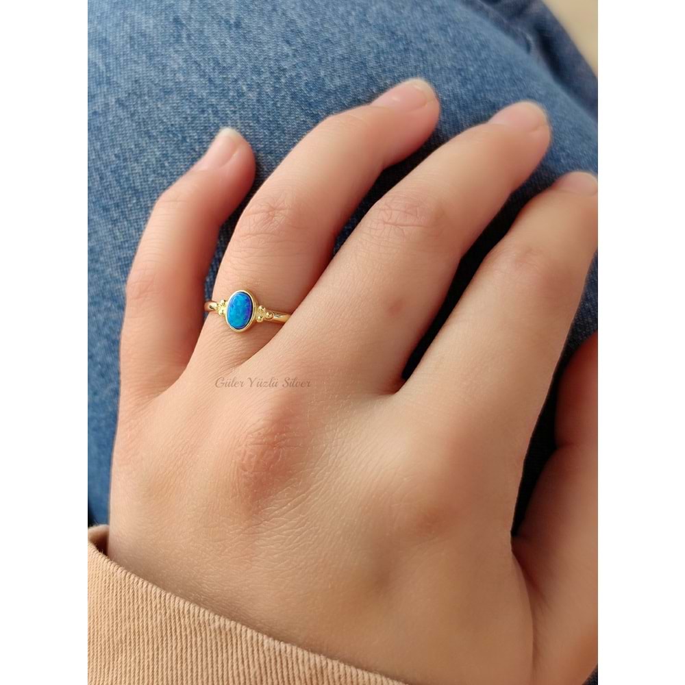 MİNİ MAVİ OPAL AYARLANABİLİR GÜMÜŞ YÜZÜK - ALTIN KAPLAMA (SARI)