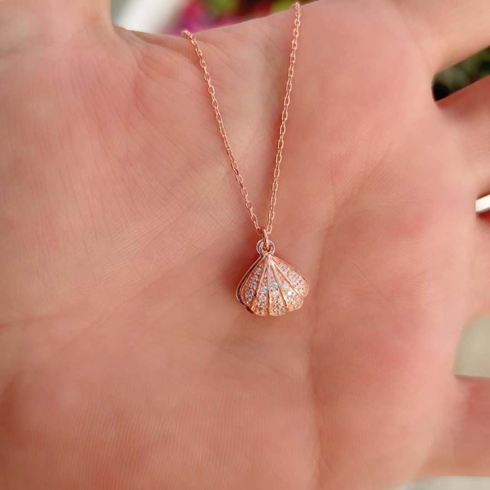 KAPAKLI İNCİLİ İSTİRİDYE DENİZ KABUĞU GÜMÜŞ KOLYE - ROSE BAKIR