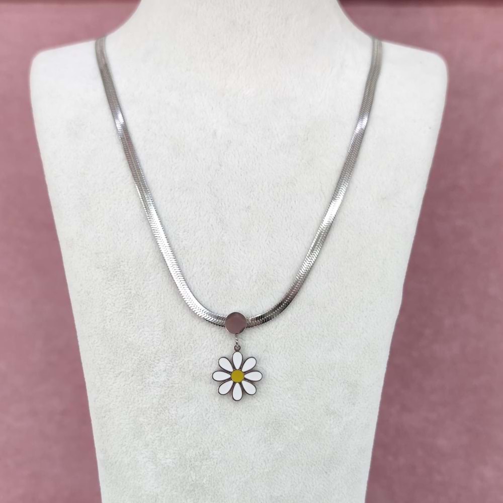 YASSI ZİNCİRLİ PAPATYA ÇELİK KOLYE - BEYAZ