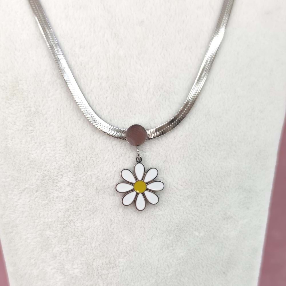 YASSI ZİNCİRLİ PAPATYA ÇELİK KOLYE - BEYAZ