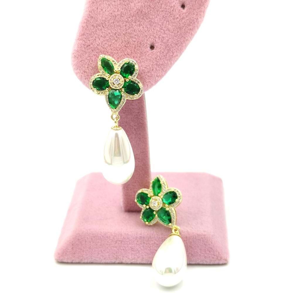 ZÜMRÜT ZİRKON TAŞLI ÇİÇEK DAMLA İNCİ GÜMÜŞ KÜPE