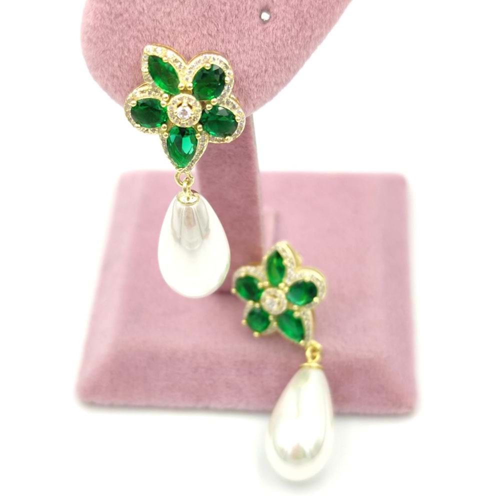 ZÜMRÜT ZİRKON TAŞLI ÇİÇEK DAMLA İNCİ GÜMÜŞ KÜPE