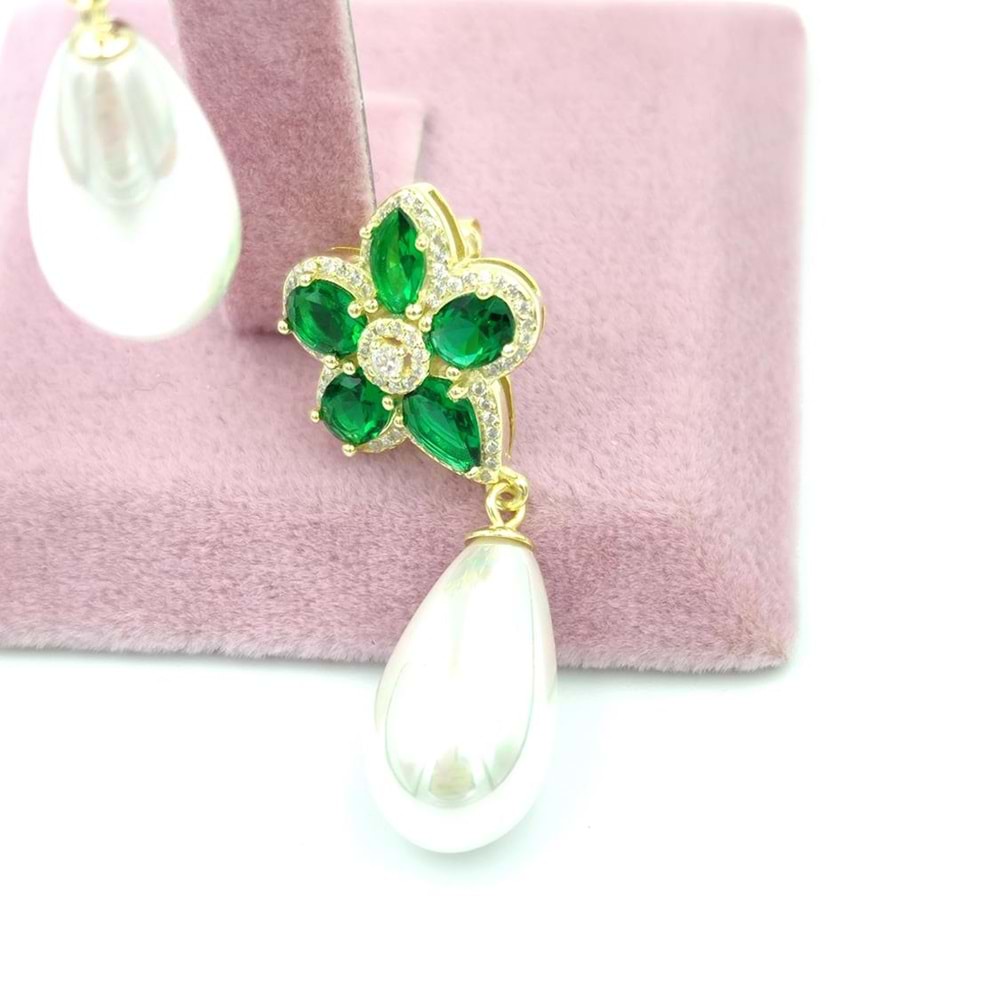 ZÜMRÜT ZİRKON TAŞLI ÇİÇEK DAMLA İNCİ GÜMÜŞ KÜPE