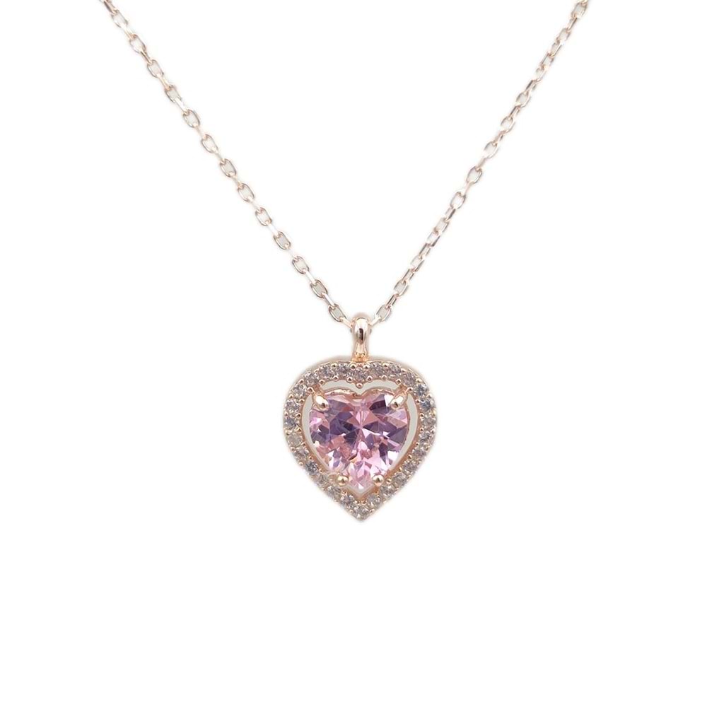 PEMBE TAŞLI KALP GÜMÜŞ KOLYE - ROSE BAKIR