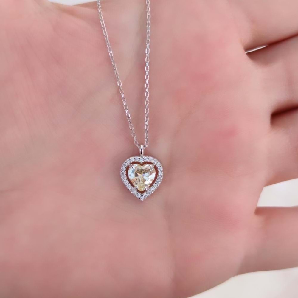 SARI ZİRKON TAŞ KALP GÜMÜŞ KOLYE - RODYUM BEYAZ