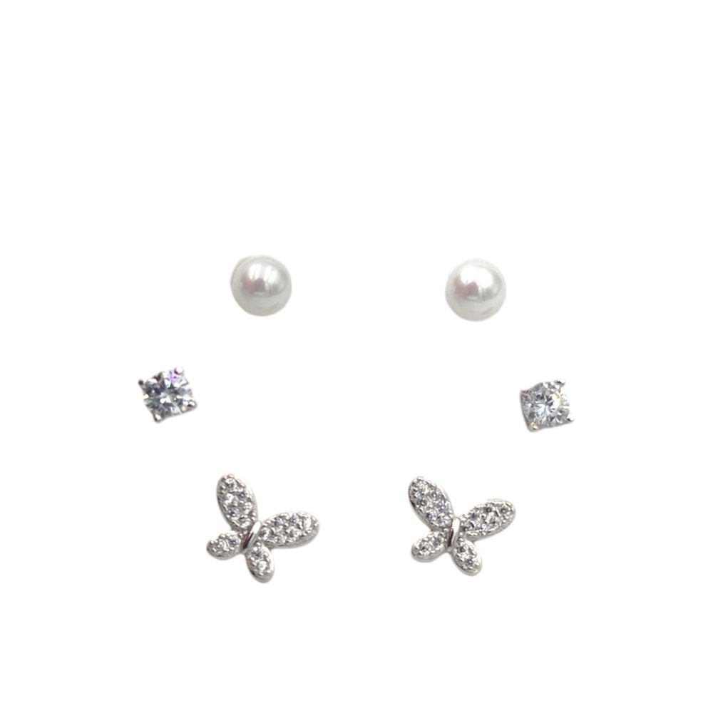 İTHAL 6 LI KELEBEK GÜMÜŞ KOMBİN KÜPE SETİ