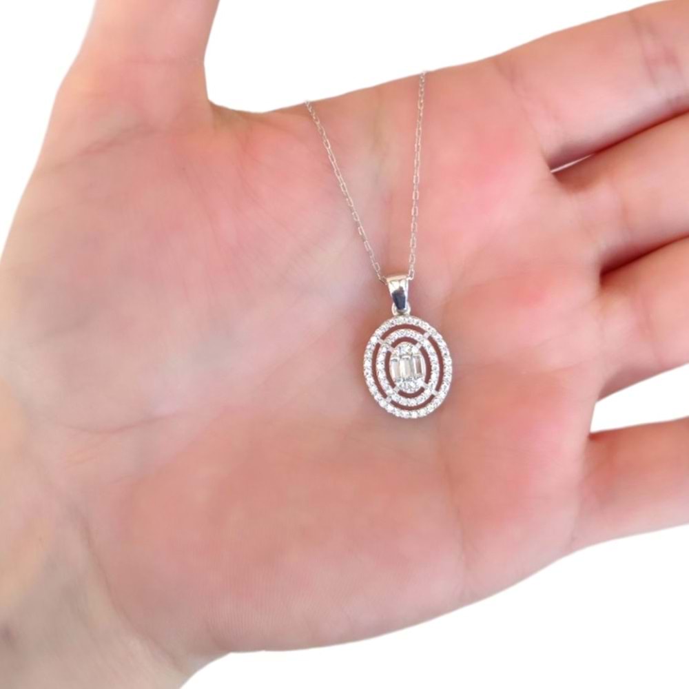 PIRLANTA MONTÜR BAGET OVAL GÜMÜŞ KOLYE - RODYUM BEYAZ