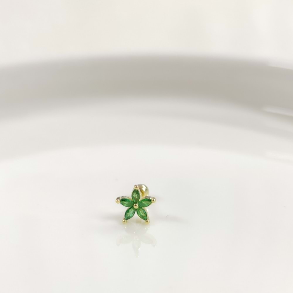 YEŞİL ÇİÇEK GÜMÜŞ TRAGUS PIERCING - ALTIN SARI