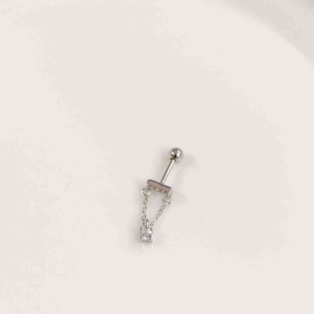 SALLANTILI ZİNCİRLİ TEK TAŞ GÜMÜŞ TRAGUS PIERCING - RODYUM BEYAZ