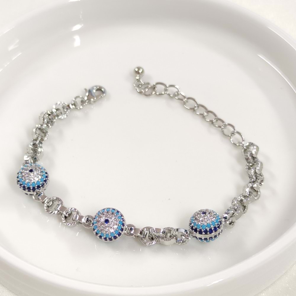 FULLYX ÜÇLÜ SOSYETE GÖZÜ NAZAR BONCUKLU BİLEKLİK 17+5 CM GOLD - BEYAZ