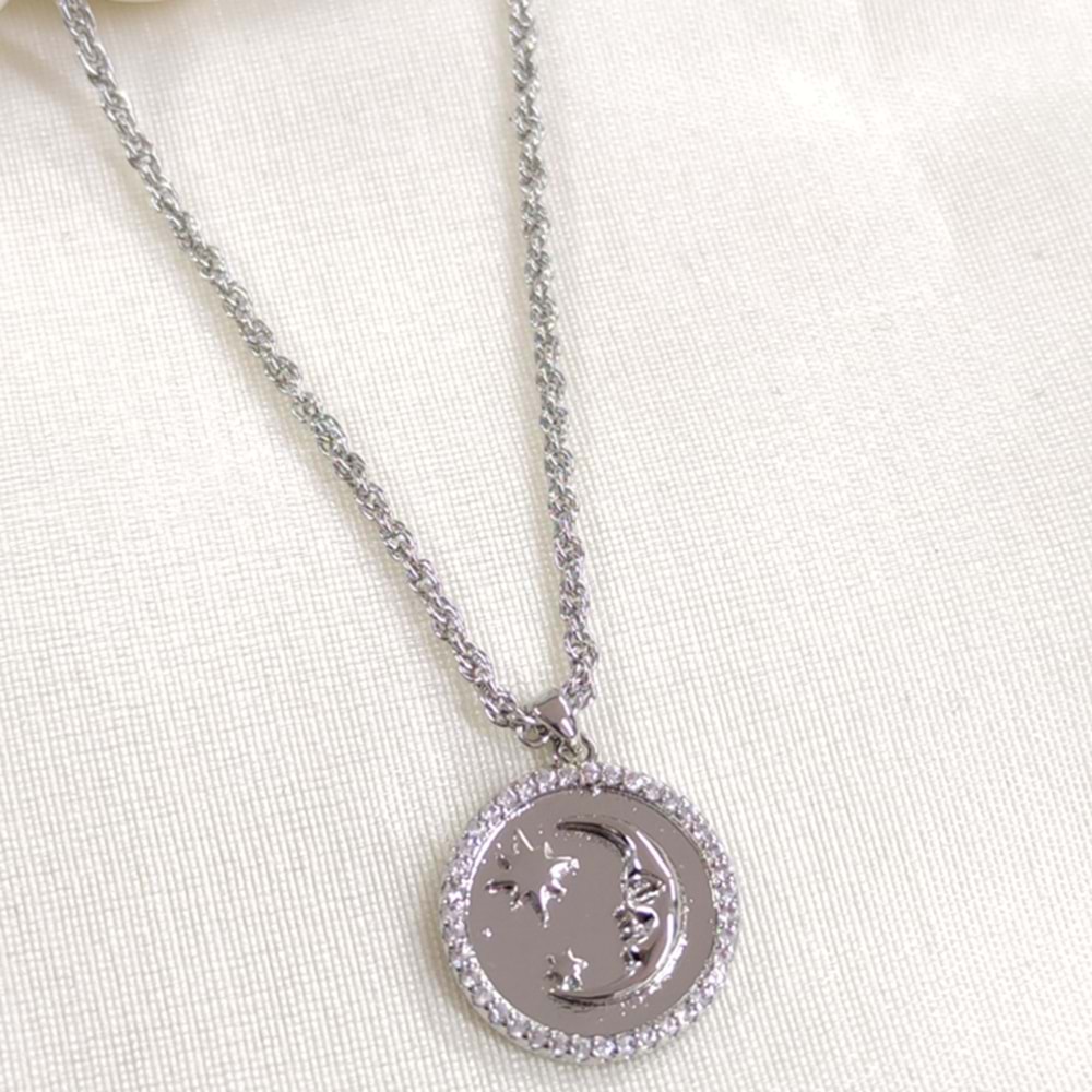 FULLYX 1,70 CM PLAKA HİLAL AY YILDIZ BURGU ZİNCİR KOLYE 40+4 CM - BEYAZ