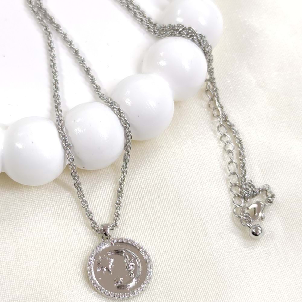 FULLYX 1,70 CM PLAKA HİLAL AY YILDIZ BURGU ZİNCİR KOLYE 40+4 CM - BEYAZ