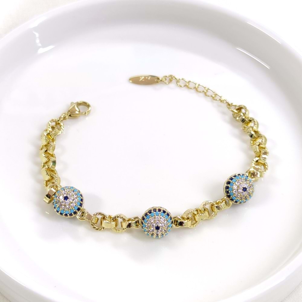 XUPING ÜÇLÜ SOSYETE GÖZÜ NAZAR BONCUKLU BİLEKLİK 17+3 CM - ALTIN SARI