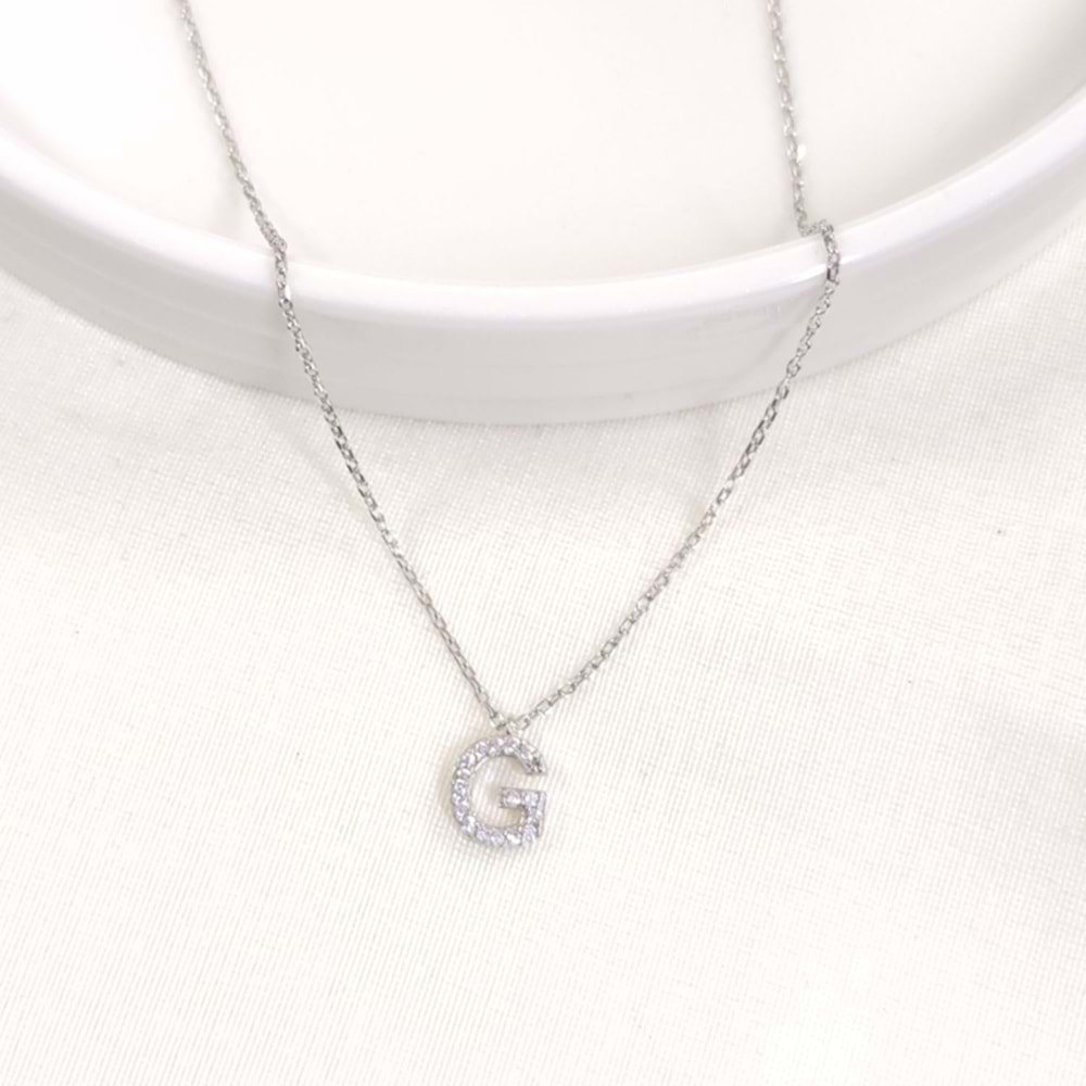 1 CM TAŞLI G HARF GÜMÜŞ KOLYE 40+5 CM - RODYUM BEYAZ