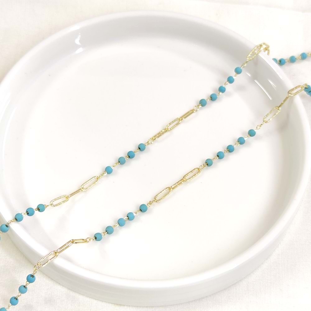 FULLYX MAVİ BONCUKLU ATAÇ ZİNCİR GOLD 90 CM