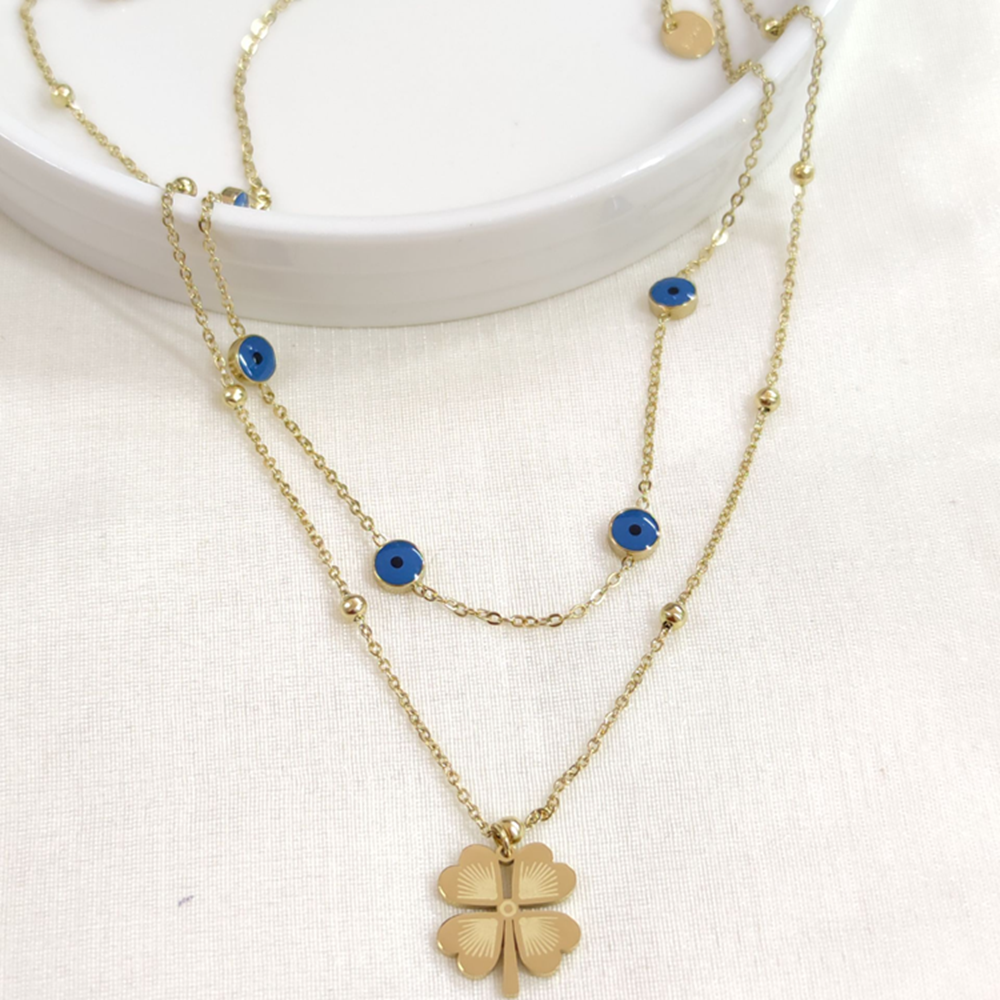 ÇELİK NAZAR BONCUKLU YONCA KOMBİN İKİLİ KOLYE