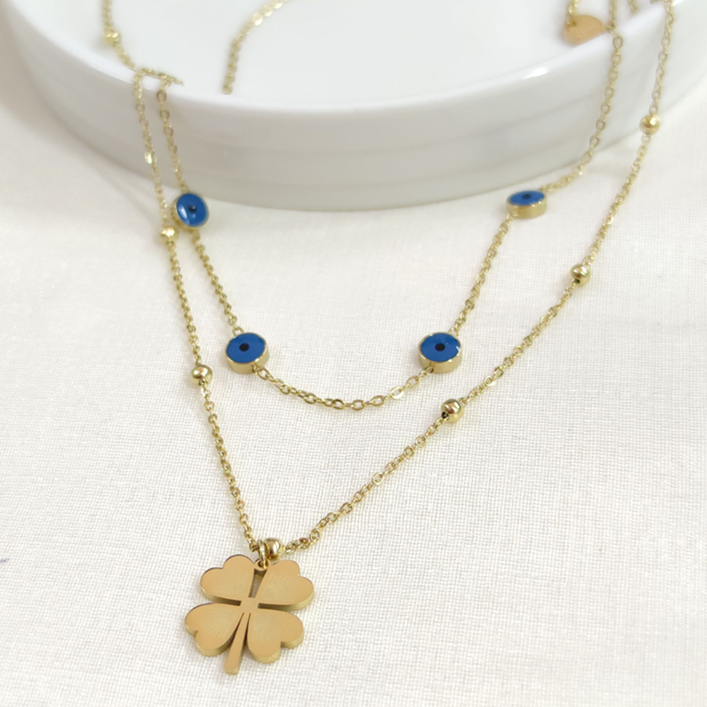 ÇELİK NAZAR BONCUKLU YONCA KOMBİN İKİLİ KOLYE