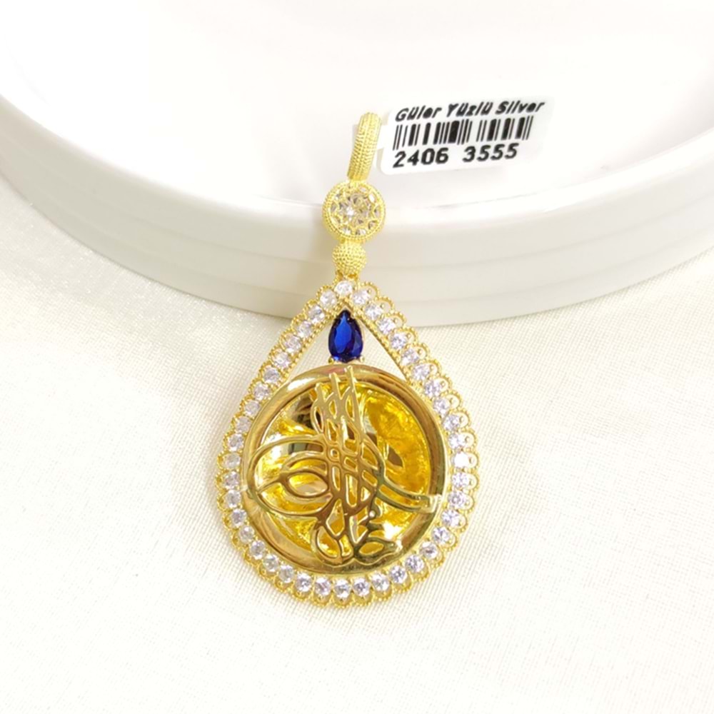 MAVİ TAŞLI BÜYÜK TUĞRA GÜMÜŞ KOLYE UCU 30x55MM