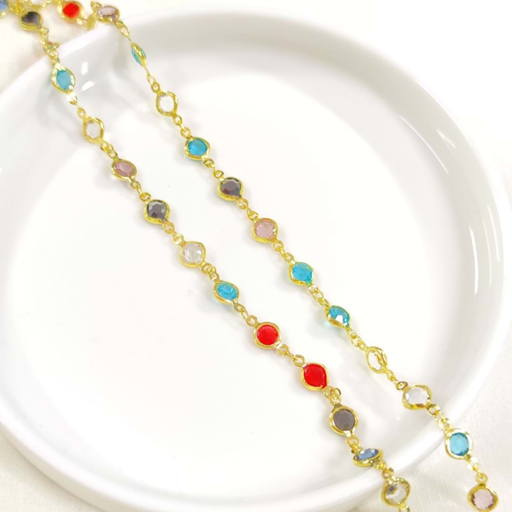 ÇELİK RENKLİ YUVARLAK TAŞLI Y KOLYE ZİNCİR GOLD 70 CM - ALTIN SARI