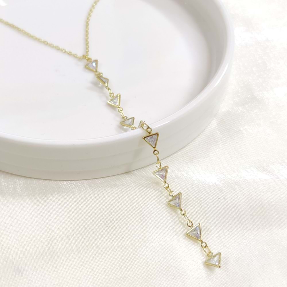 ÇELİK ÜÇGEN TAŞLI Y KOLYE ZİNCİR GOLD 40+5 CM