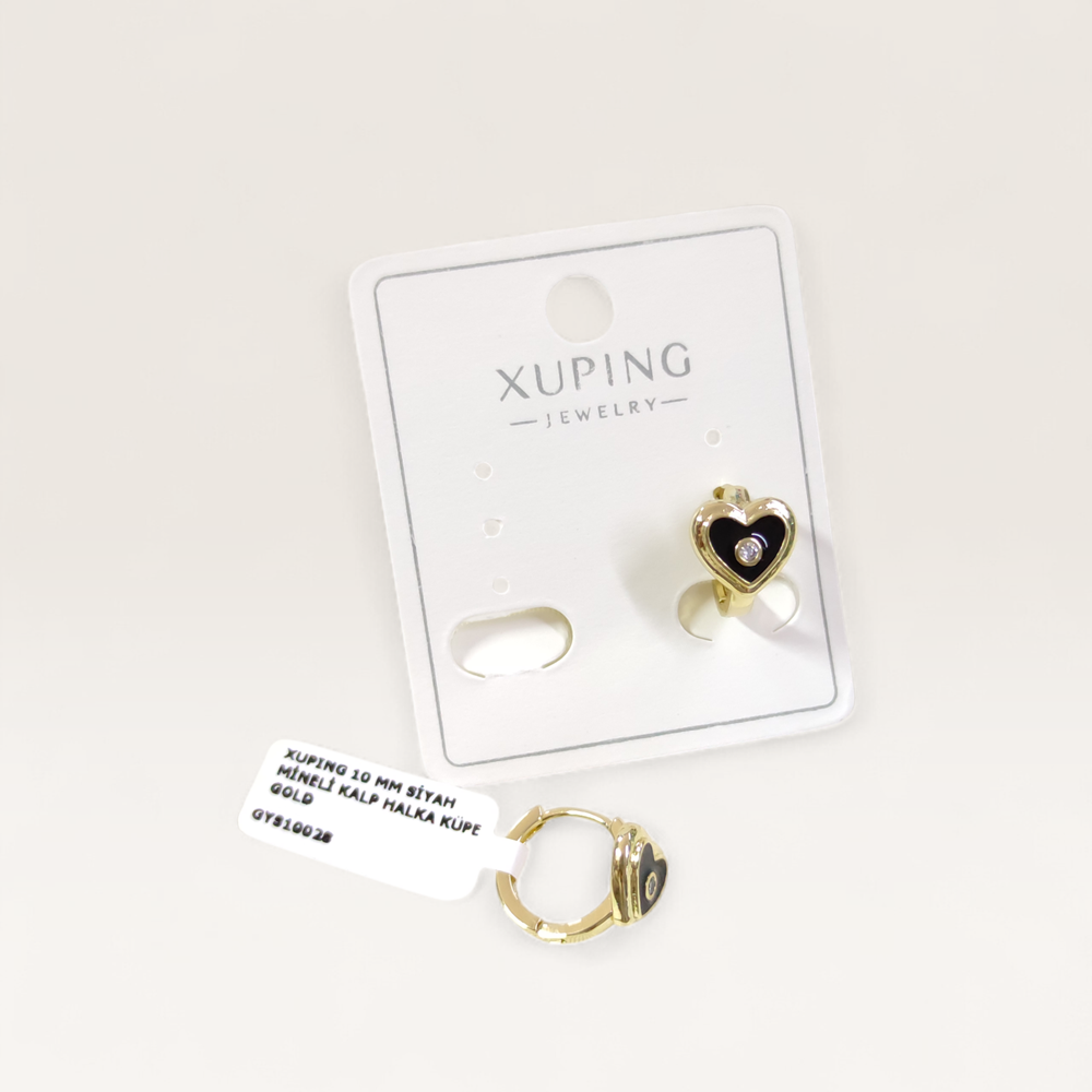 XUPING 10 MM SİYAH MİNELİ KALP HALKA KÜPE GOLD