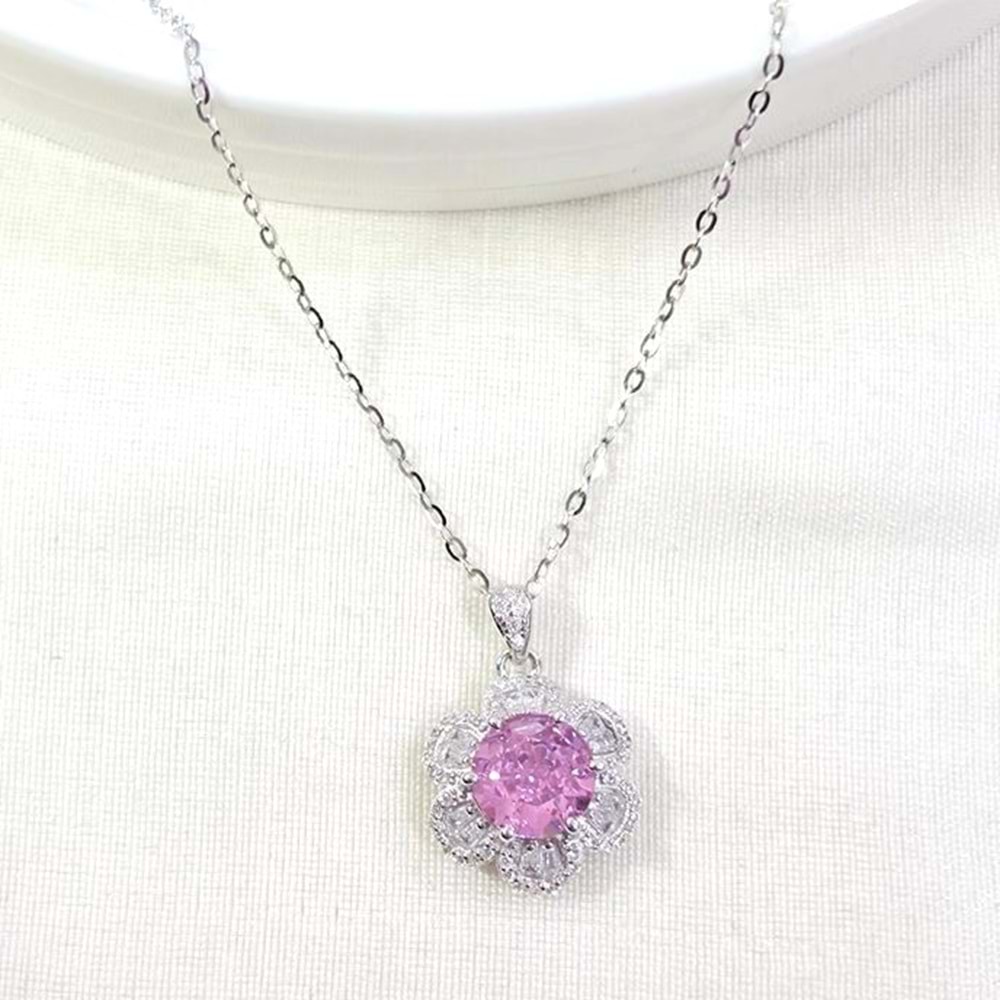 İTHAL PEMBE MOZANAYT TAŞLI 15 MM ÇİÇEK GÜMÜŞ KOLYE 40+4 CM