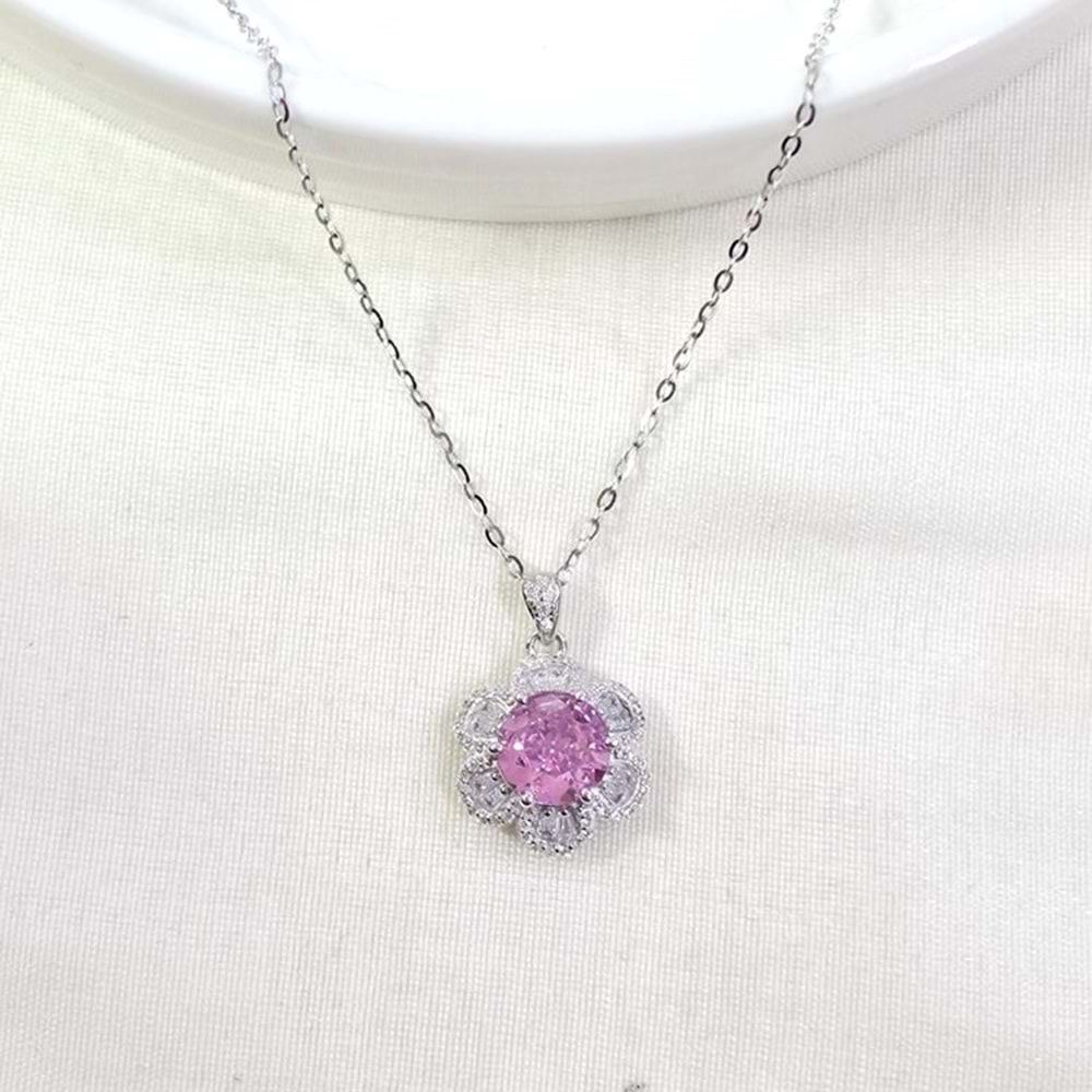 İTHAL PEMBE MOZANAYT TAŞLI 15 MM ÇİÇEK GÜMÜŞ KOLYE 40+4 CM