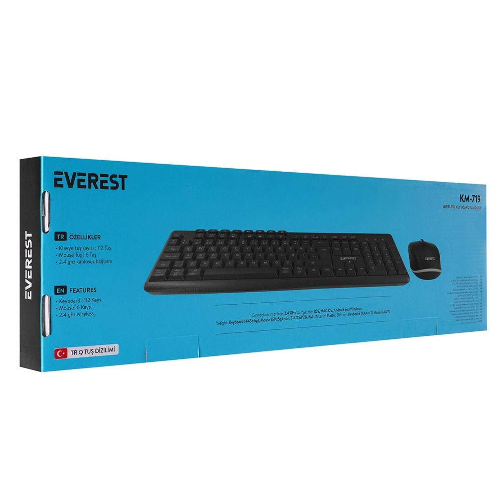 EVEREST KM-719 SİYAH KABLOSUZ Q KLAVYE + MOUSE