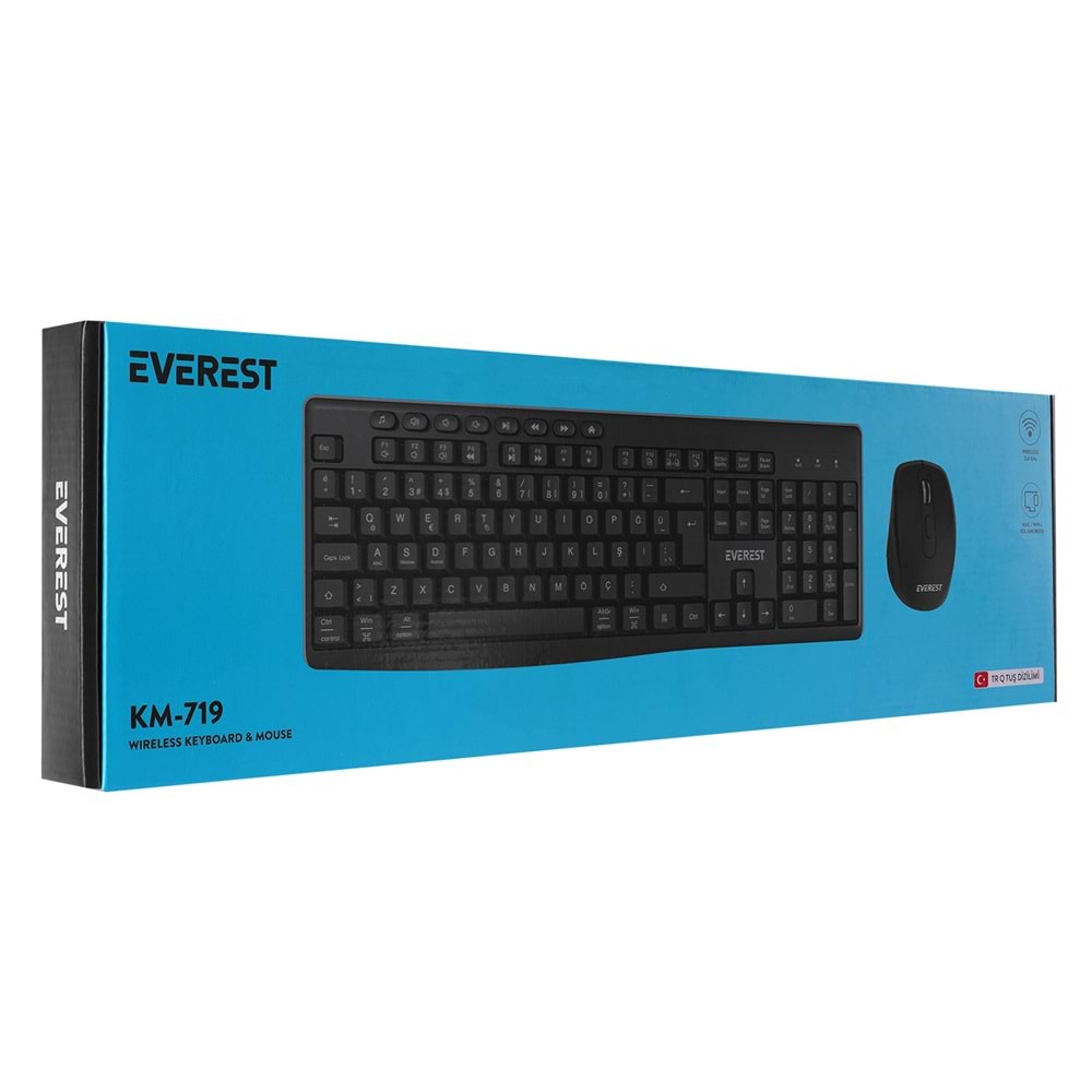 EVEREST KM-719 SİYAH KABLOSUZ Q KLAVYE + MOUSE