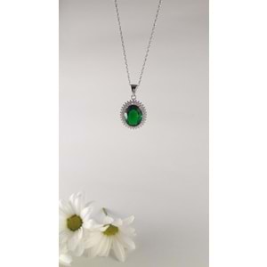 YEŞİL ZİRKON TAŞLI OVAL GÜMÜŞ KOLYE