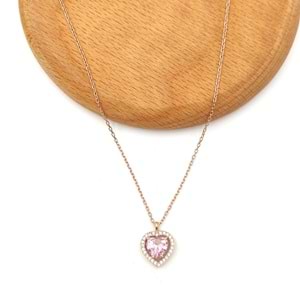 PEMBE TAŞLI KALP GÜMÜŞ KOLYE - ROSE BAKIR