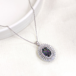 22X18 MM MİSTİK TOPAZ TAŞLI OVAL GÜMÜŞ KOLYE 40+5 CM