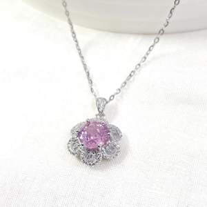 İTHAL PEMBE MOZANAYT TAŞLI 15 MM ÇİÇEK GÜMÜŞ KOLYE 40+4 CM