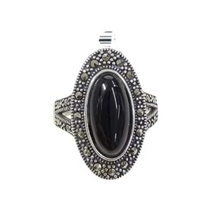 SİYAH TAŞLI 23 MM OVAL MEKİK MARKAZİT GÜMÜŞ YÜZÜK
