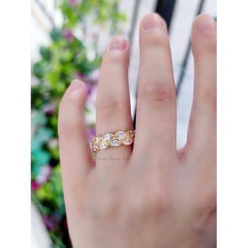 6 MM ÇİFT SIRA DAMLA ZİRKON TAŞLI GÜMÜŞ TAMTUR YÜZÜK - GYS - ALTIN KAPLAMA - 13