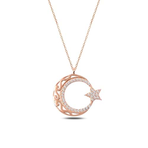 ZİRKON TAŞLI DESENLİ AY YILDIZ GÜMÜŞ KOLYE - ROSE ALTIN KAPLAMA