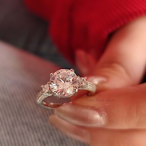 KENAR TAŞ DETAYLI GÜMÜŞ TEK TAŞ YÜZÜK G1182 - GYS - 12