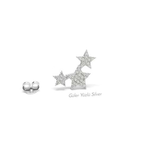 ZİRKON TAŞLI ÜÇ YILDIZ ÇİVİ GÜMÜŞ KÜPE (TEK) - RODYUM KAPLAMA