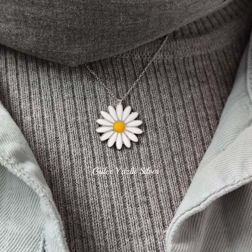 MİNELİ PAPATYA GÜMÜŞ KOLYE - RODYUM KAPLAMA