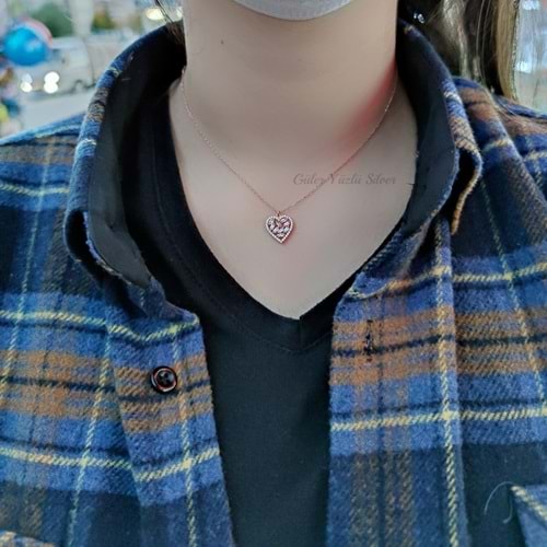 PEMBE BAGET TAŞLI MİNİ KALP GÜMÜŞ KOLYE - ROSE ALTIN KAPLAMA