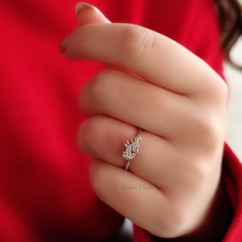 AYARLANABİLİR ZİRKON TAŞLI FİL GÜMÜŞ YÜZÜK - RODYUM KAPLAMA