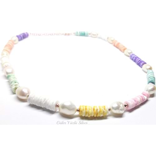 RENKLİ BONCUK İNCİLİ GÜMÜŞ KOLYE