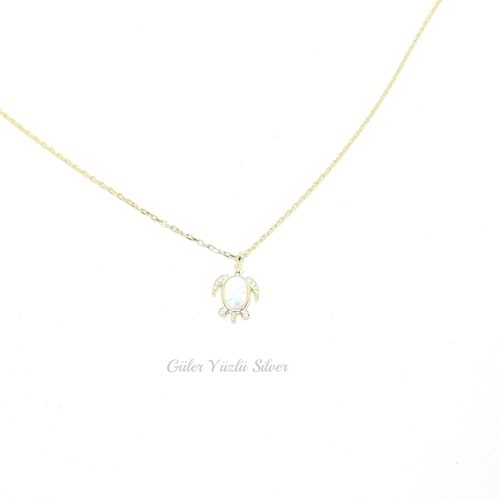 BEYAZ OPAL MİNİ KAPLUMBAĞA GÜMÜŞ KOLYE - ALTIN KAPLAMA (SARI)