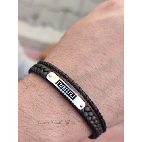 KARE DETAYLI İKİ SIRA ÖRGÜ DERİ ÇELİK ERKEK BİLEKLİK