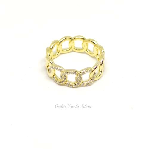 İTHAL TAŞ DETAYLI ZİNCİR GÜMÜŞ YÜZÜK - ALTIN KAPLAMA (SARI) - 18