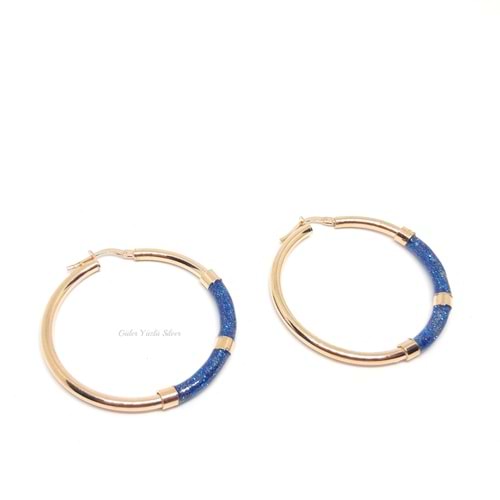 35 MM SİMLİ MAVİ MİNELİ İTALYAN HALKA GÜMÜŞ KÜPE - ROSE ALTIN KAPLAMA (BAKIR)