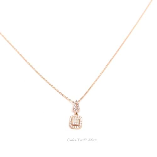 PIRLANTA MONTÜR MİNİ BAGET GÜMÜŞ KOLYE - ROSE ALTIN KAPLAMA (BAKIR)