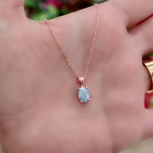 OVAL TEK TAŞ GÜMÜŞ KOLYE - MAVİ